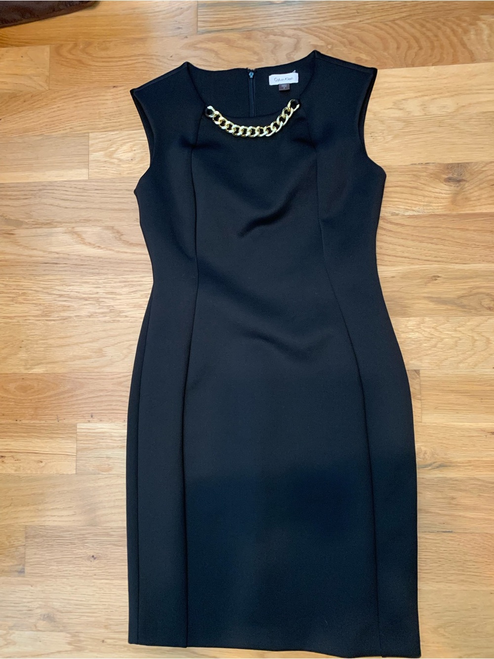 Calvin Klein Black Sheath Dress with Gold Chain Accent